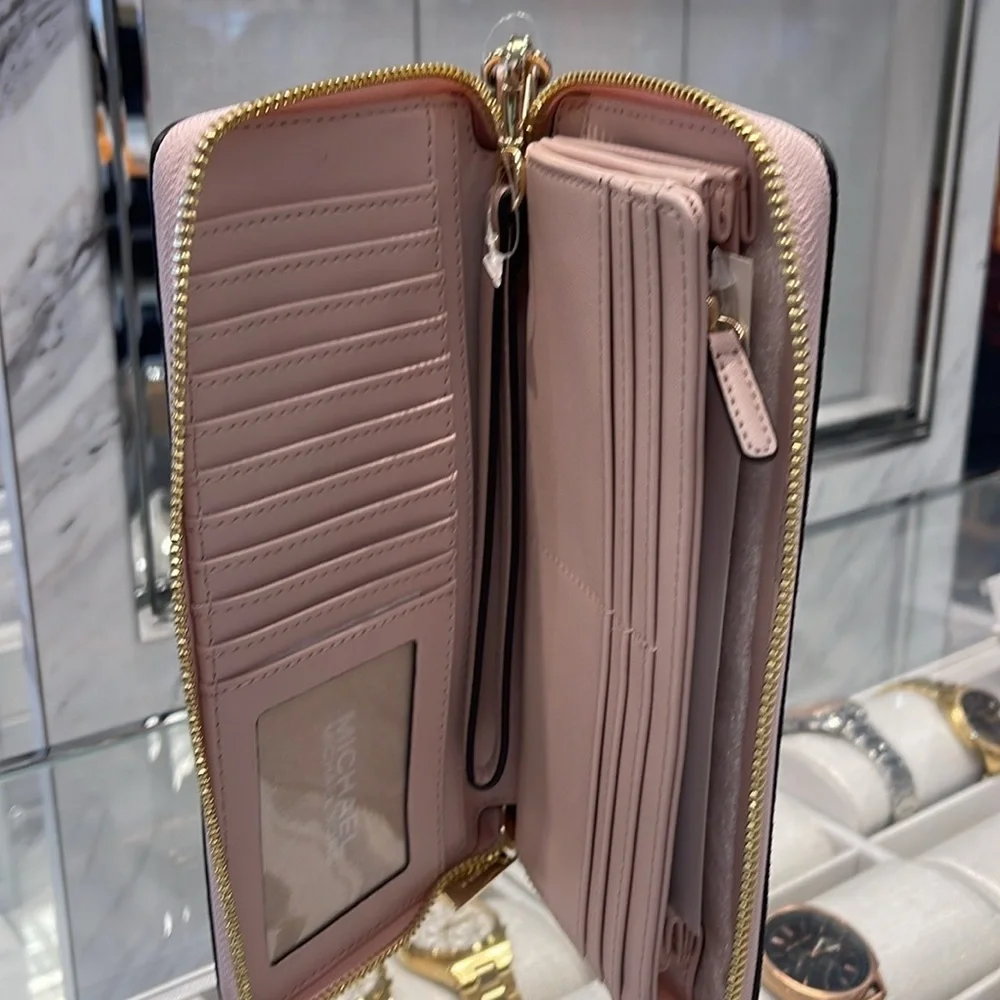 MICHAEL KORS Jet Set Travel Lg Signature Logo Continental Wristlet POWDER BLUSH